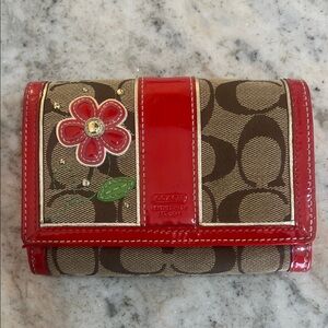 Coach Red and Tan Signature Floral Wallet